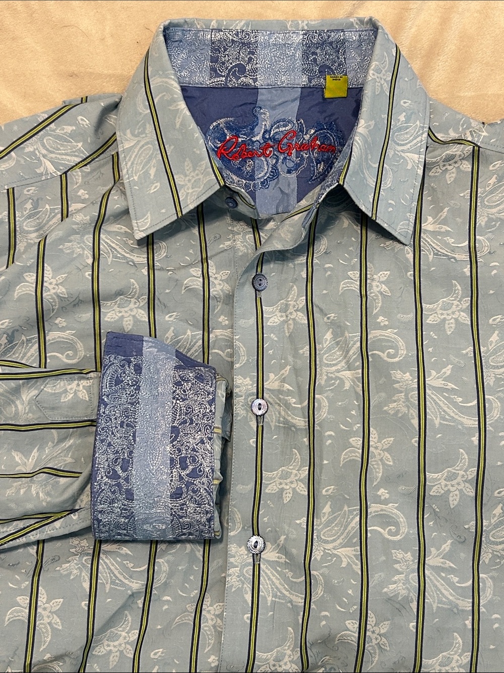 Robert Graham Blue Striped Floral Paisley Shirt Mens XL Classic Fit Flip Cuff
